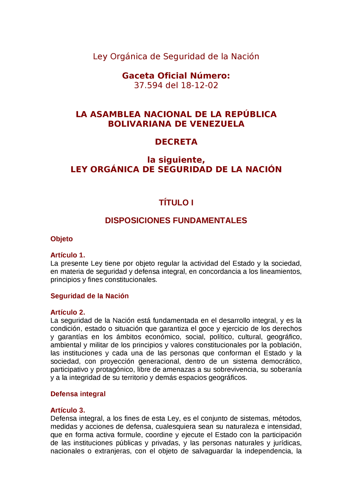 Ley Orgánica De Seguridad De La Nacion Ley Orgánica De Seguridad De La Nación Gaceta Oficial 5809