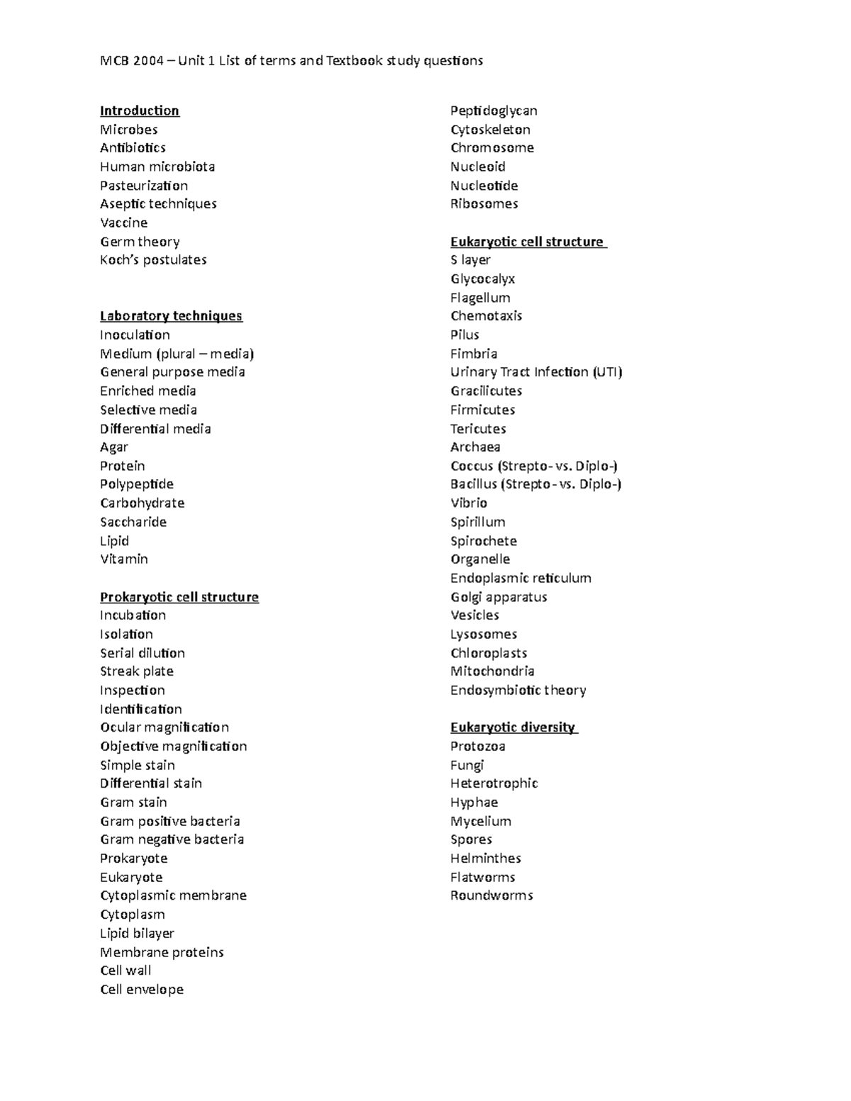 MCB 2004 Unit 1 List of terms and study questions - MCB 2004 – Unit 1 ...