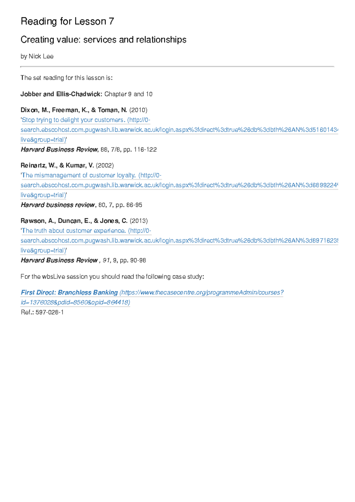 Marketing - Lesson 7 (2022-01-04) - Reading for Lesson 7 Creating value ...