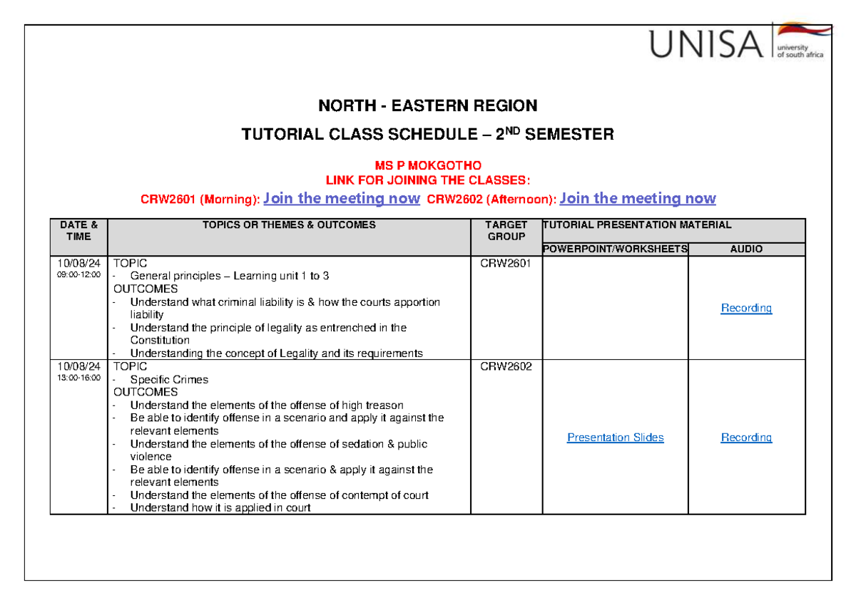 Tutorial Class schedule - 2024 - Ms P Mokgotho - NORTH - EASTERN REGION ...