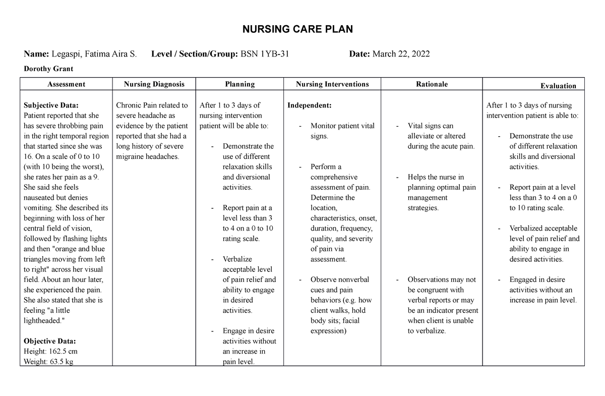 NCP 5&6 Dorothy & Hira - NURSING CARE PLAN Name: Legaspi, Fatima Aira S ...