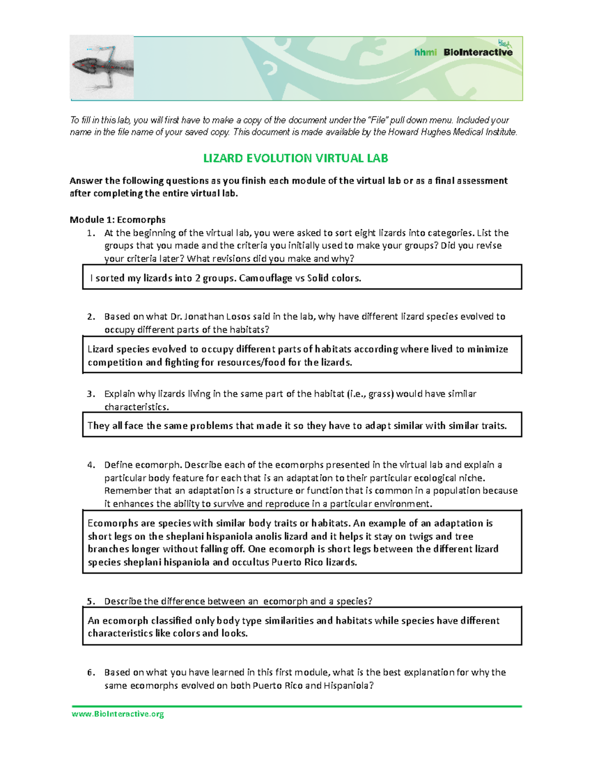 Virtual lab involving evolution and lizards To fill in this lab, you