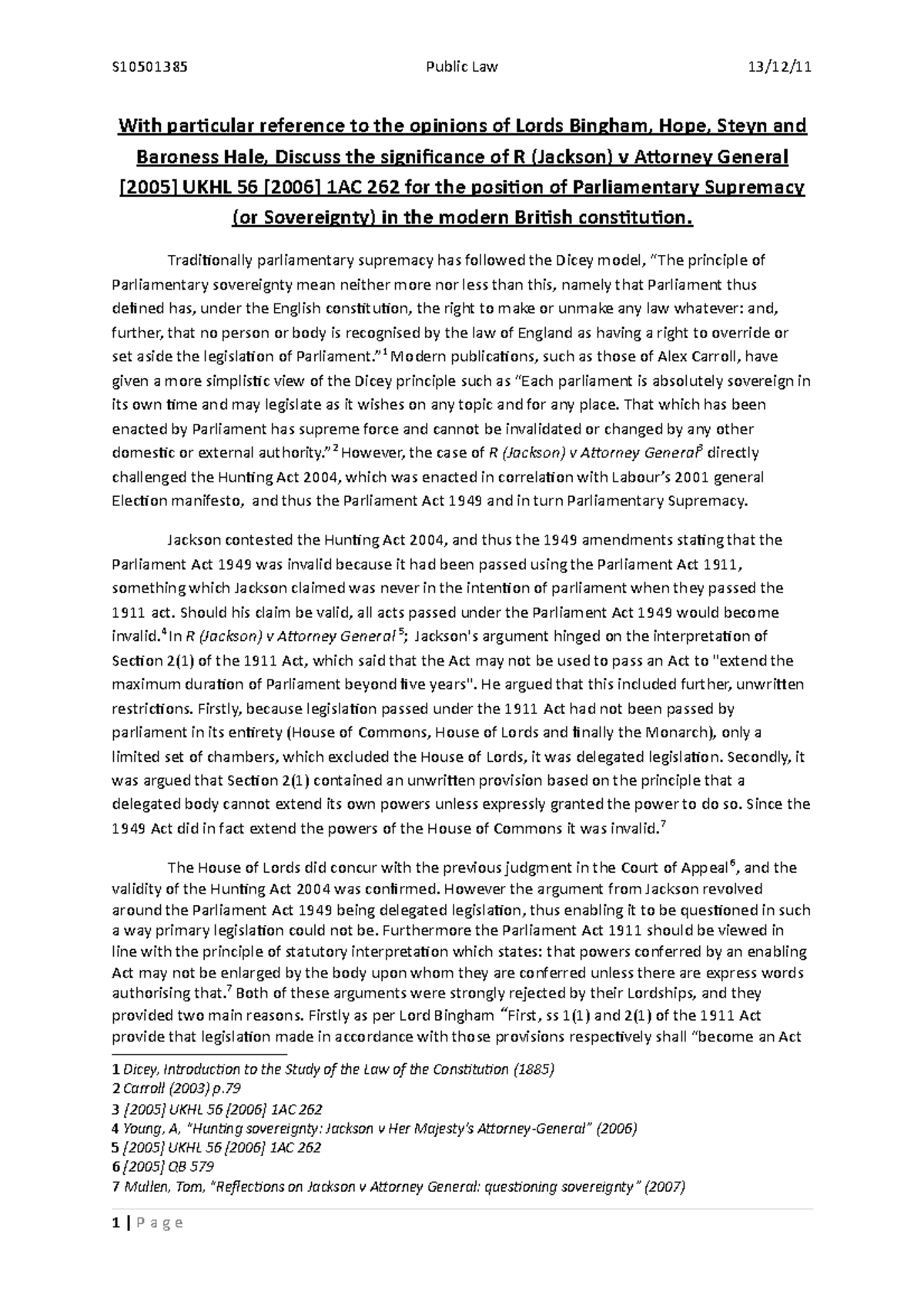 Significance of R Jackson v AG - S10501385 Public Law With particular ...