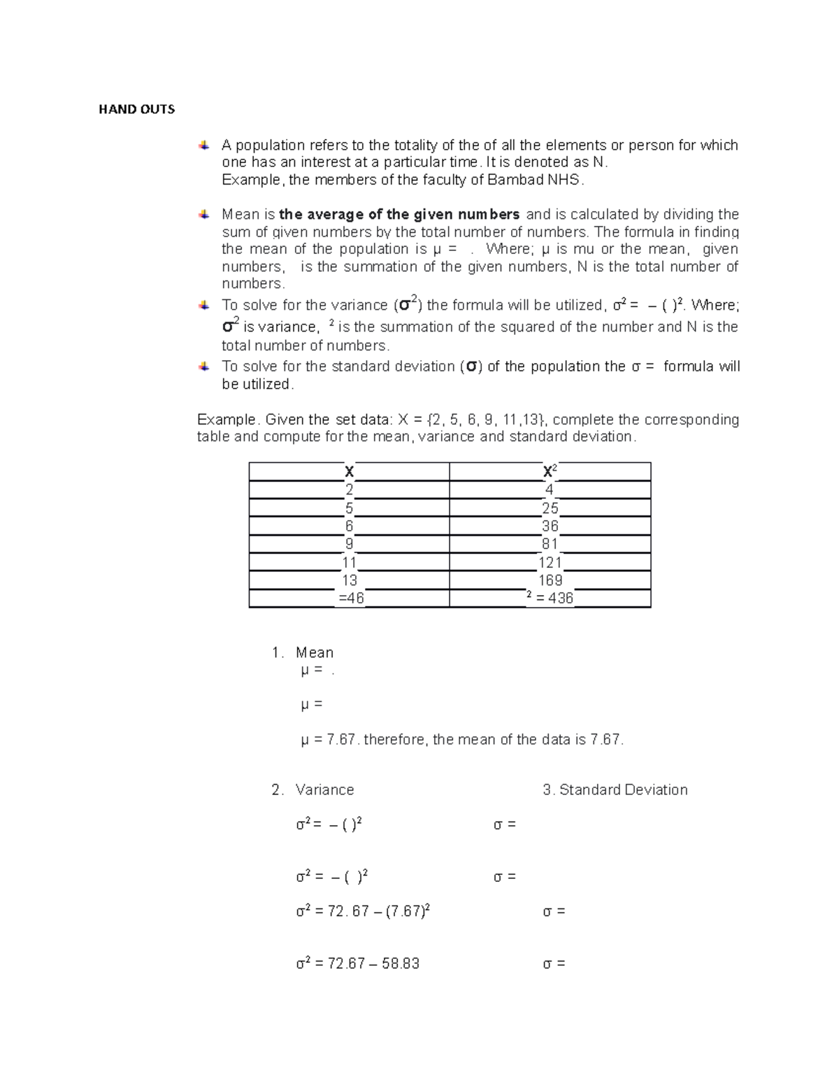 Examples of students work - HAND OUTS A population refers to the ...