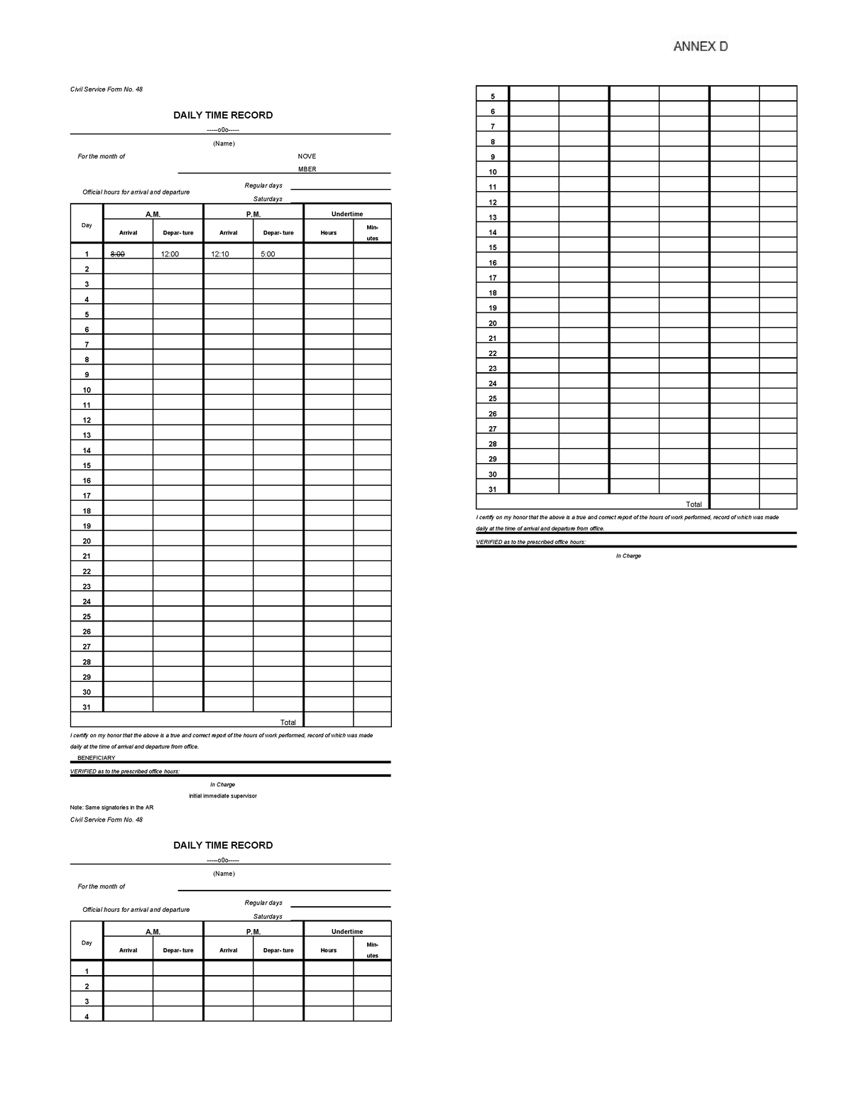 Annex D Daily TIME Record - Civil Service Form No. 48 DAILY TIME RECORD ...