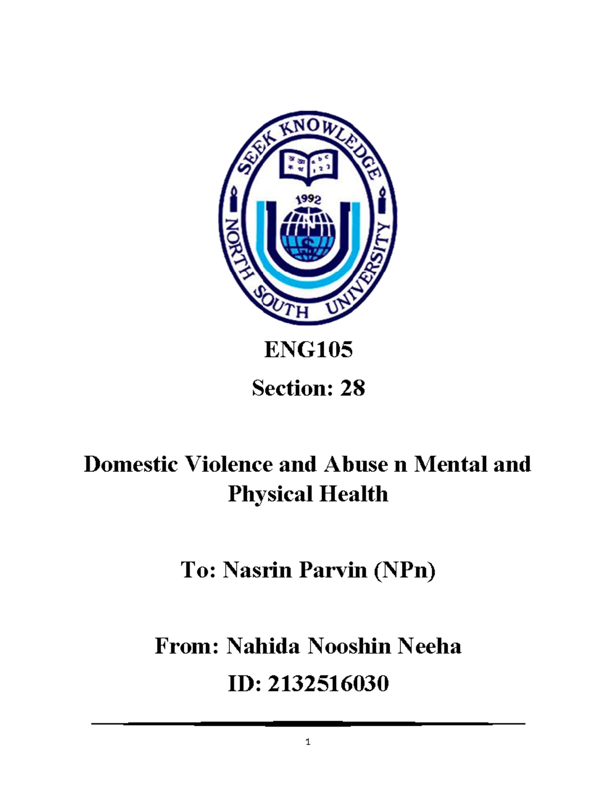 ENG105-Research-Paper - ENG Section: 28 Domestic Violence and Abuse n ...