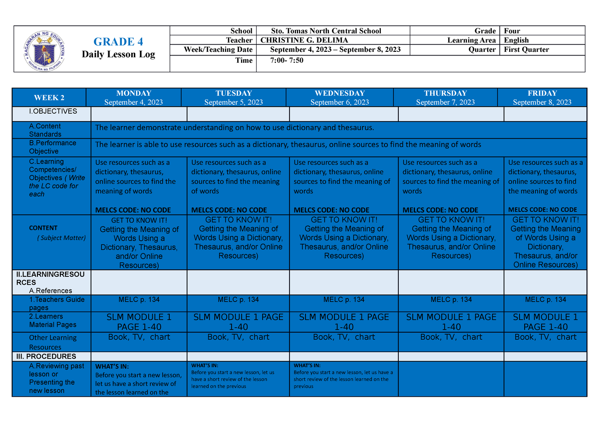 DLL 1st q week 2 Dll Grade 4 GRADE 4 Daily Lesson Log School Sto