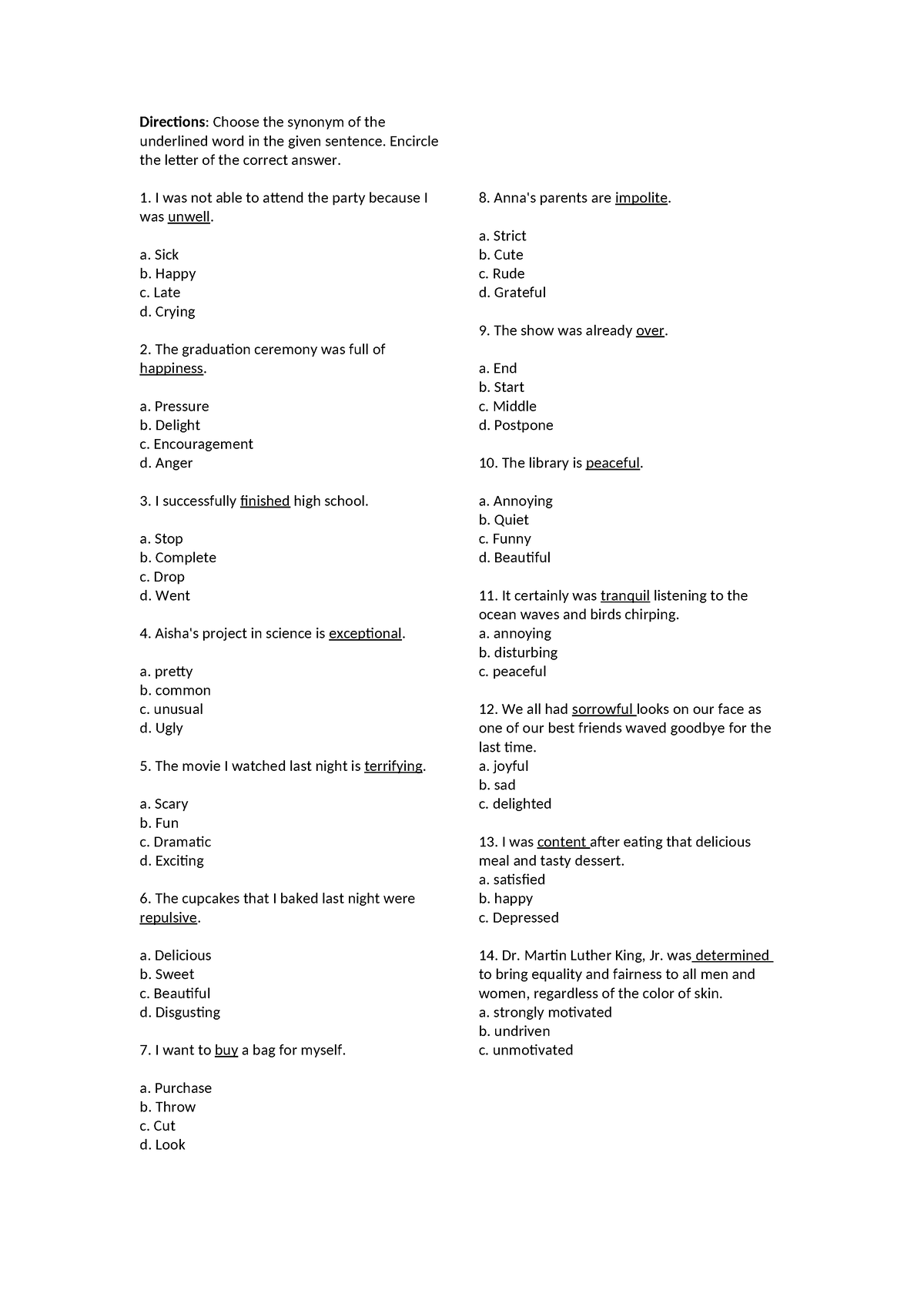 English - Lesson Plan - Directions: Choose The Synonym Of The ...