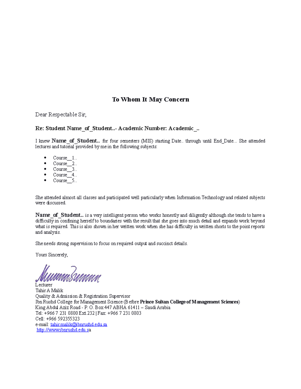 Student Refference Letter-Female - To Whom It May Concern Dear ...