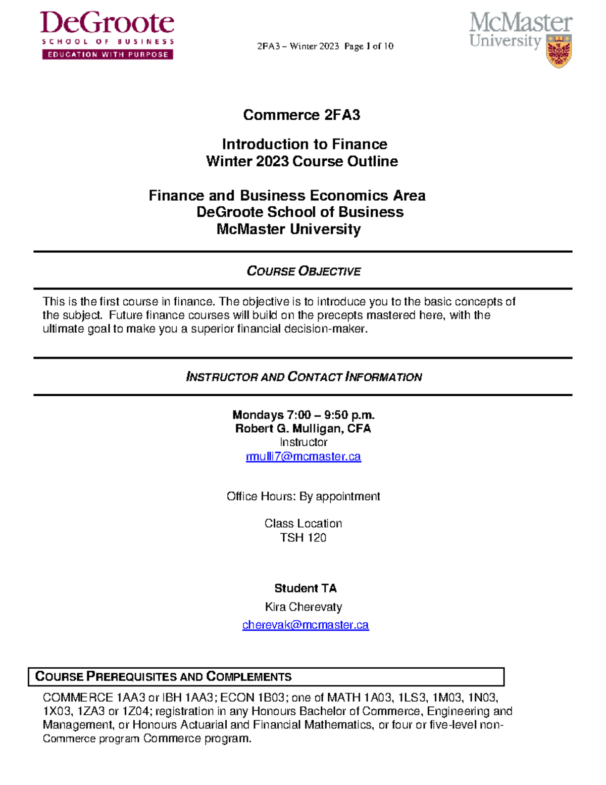 Comm 2FA3 W23 - Mulligan - Commerce 2FA Introduction to Finance Winter ...