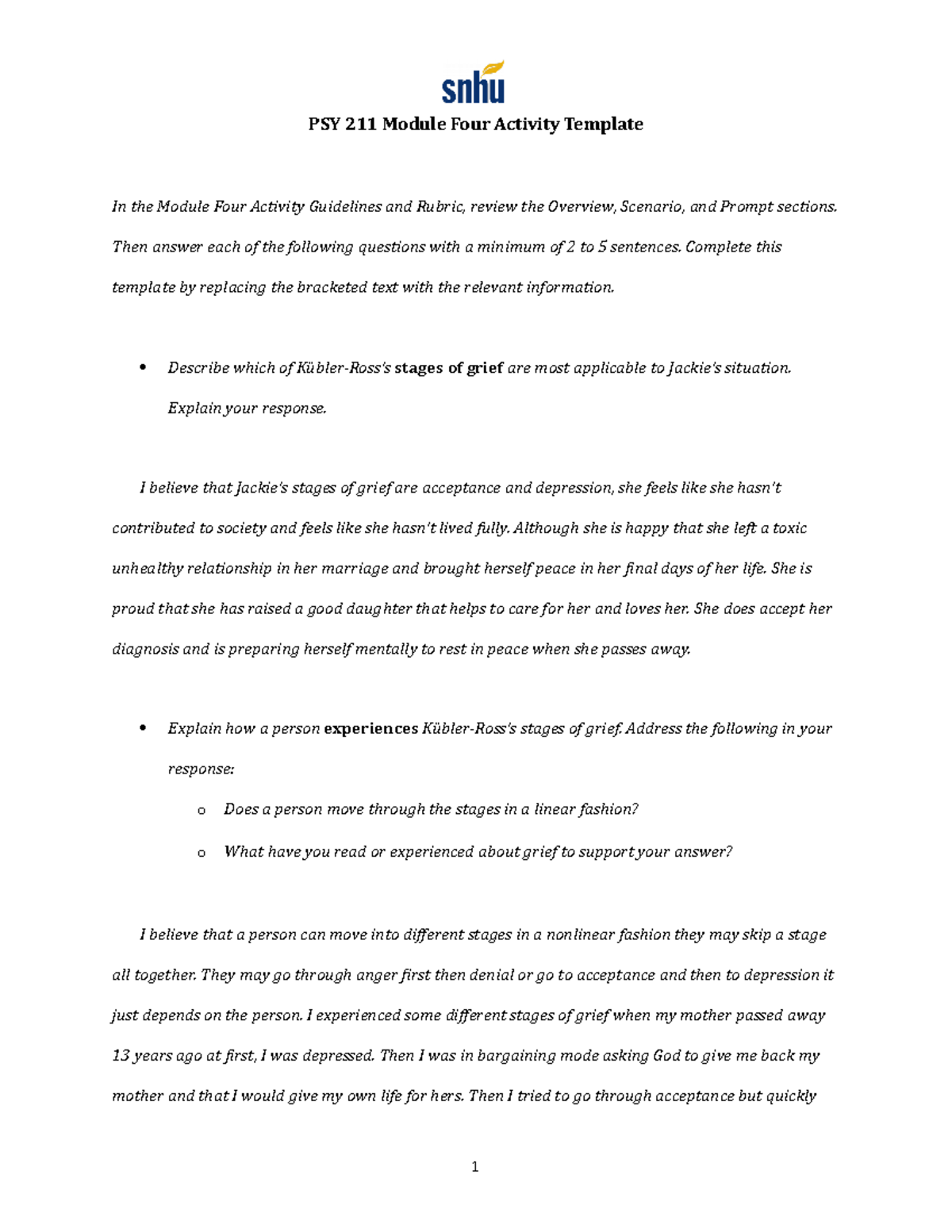 PSY 211 Module Four Activity Template - Then answer each of the ...