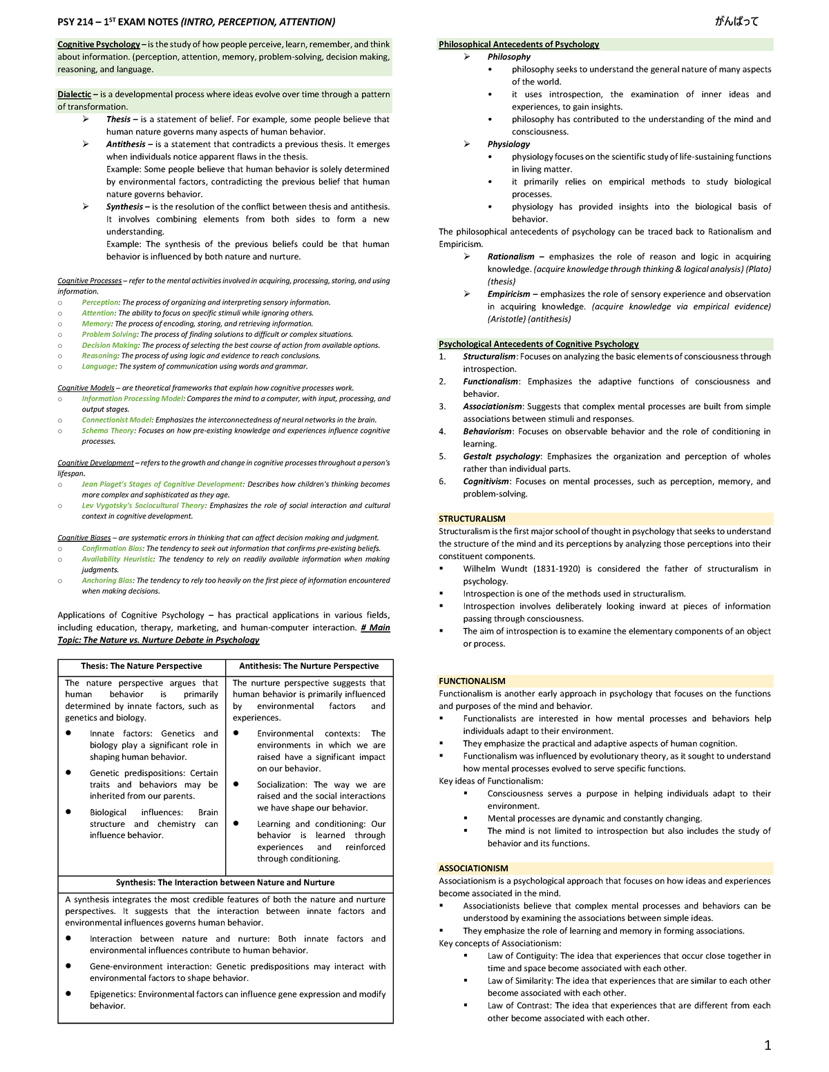 Intro Final Notes PSY 214 - Cognitive Psychology – is the study of how ...