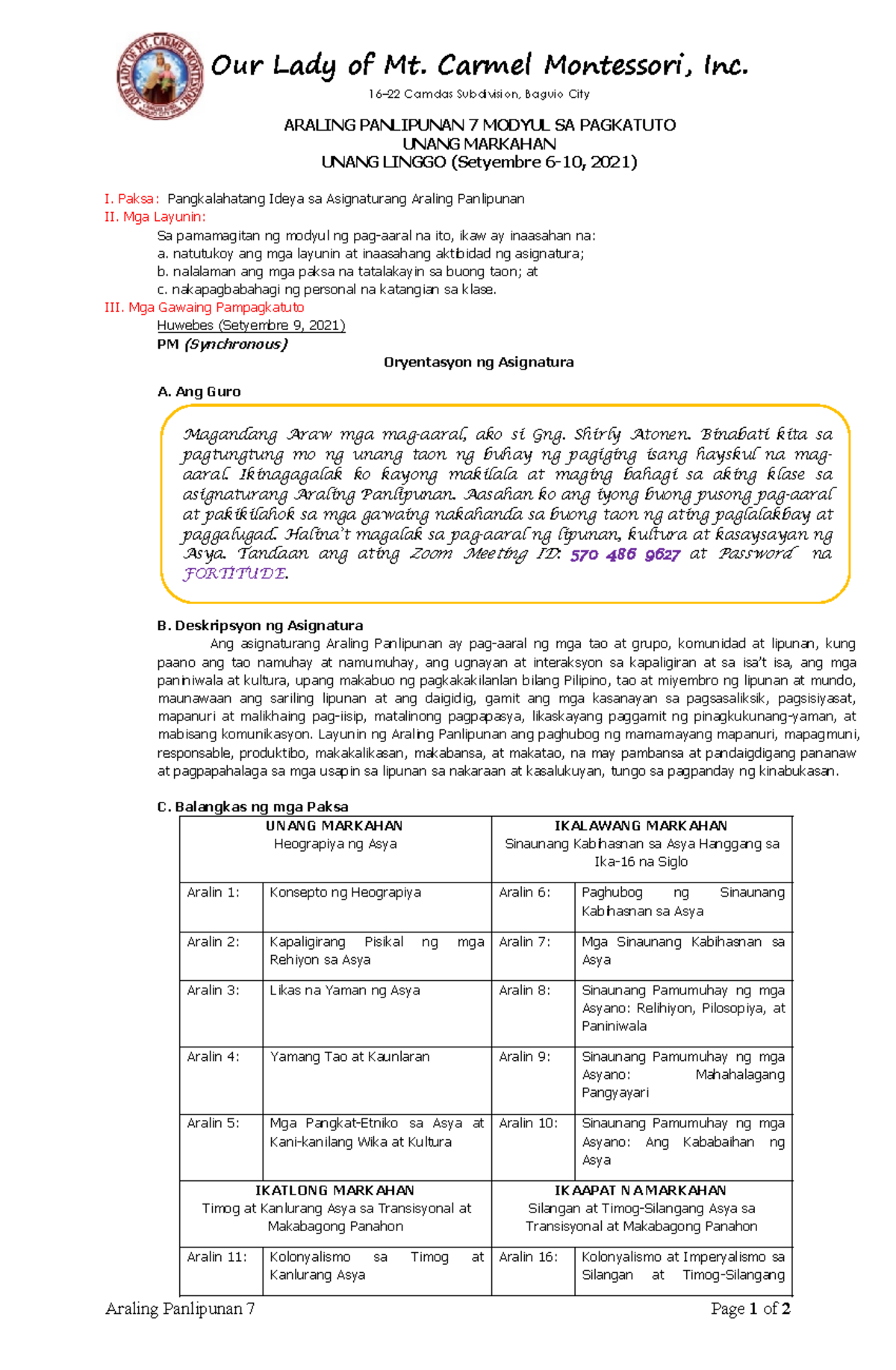 Araling Panlipunan 7 I Week 1 Araling Panlipunan 7 Page 1 Of 2 Our Araling Panlipunan 7 I Week 1 Araling Panlipunan 7 Page 1 Of 2 Our