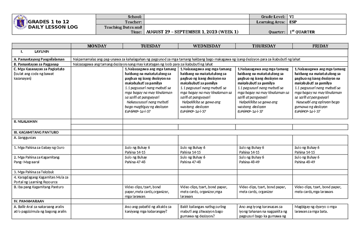 DLL ESP 6 Q1 W1 - GRADES 1 to 12 DAILY LESSON LOG School: Grade Level ...