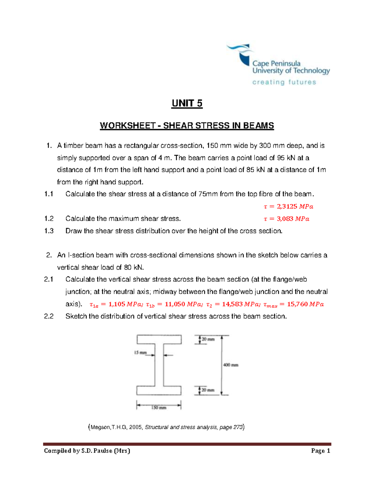 Shear stress in beams worksheet Compiled by S. Paulse (Mrs) Page 1