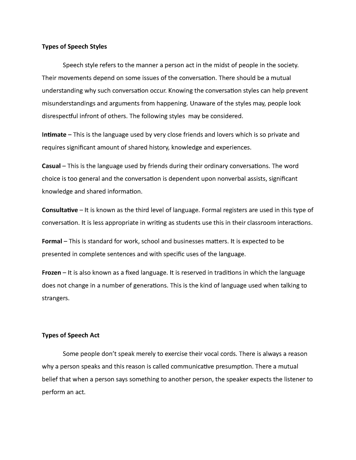 Types Of Speech Styles Lecture Notes 10 15 Types Of Speech Styles 