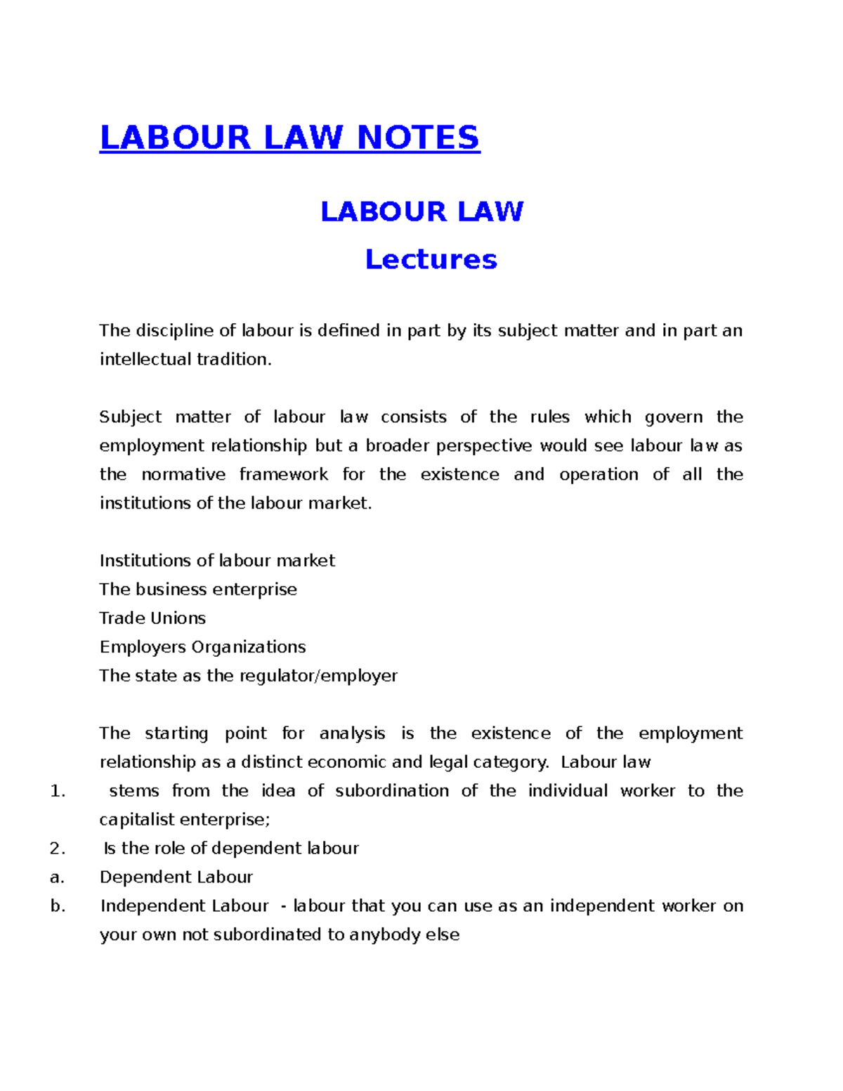 Labour LAW Notes - LABOUR LAW NOTES LABOUR LAW Lectures The Discipline ...