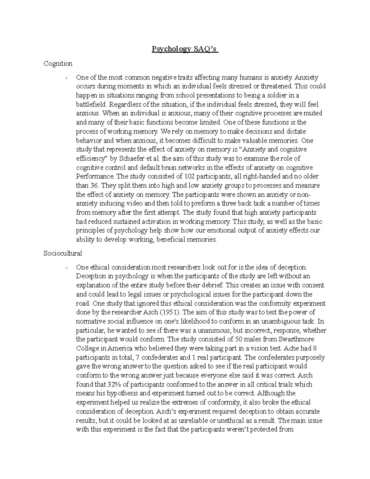 Psychology SAQ's featuring cognition, Sociocultural and biological