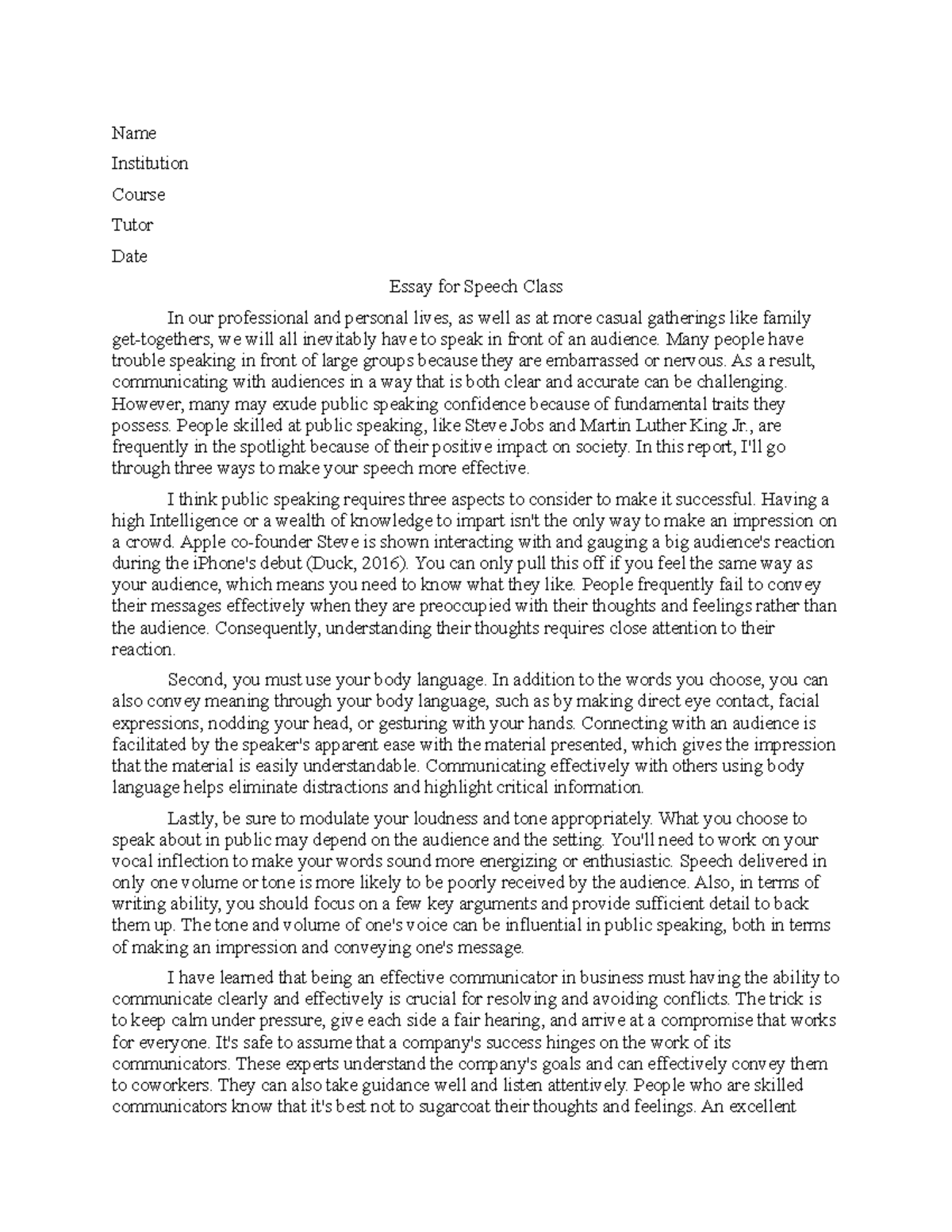 Essay FOR Speech Class - student - Name Institution Course Tutor Date ...