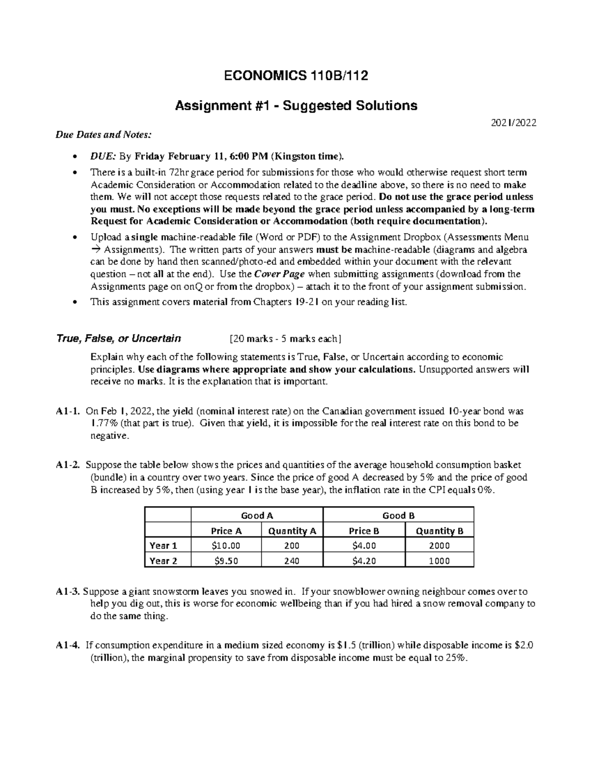 Assignment 1 Layout - ECONOMICS 110B/ Assignment #1 - Suggested ...