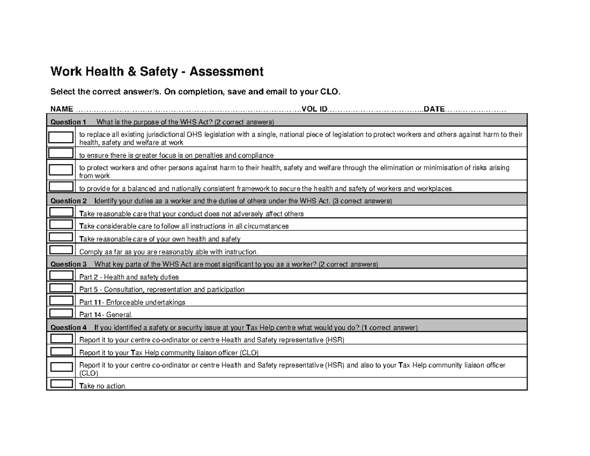 TH assessment 2021 - Work Health and Safety - Work Health & Safety ...