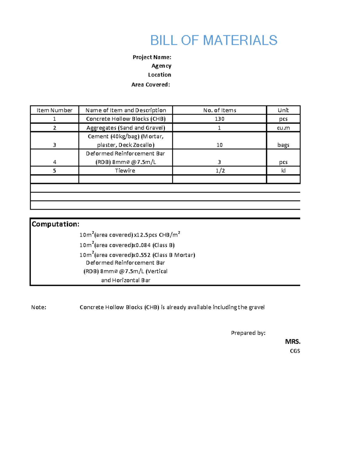 Bill-of-materials-Plant Box - Location Area Covered: Item Number Name ...