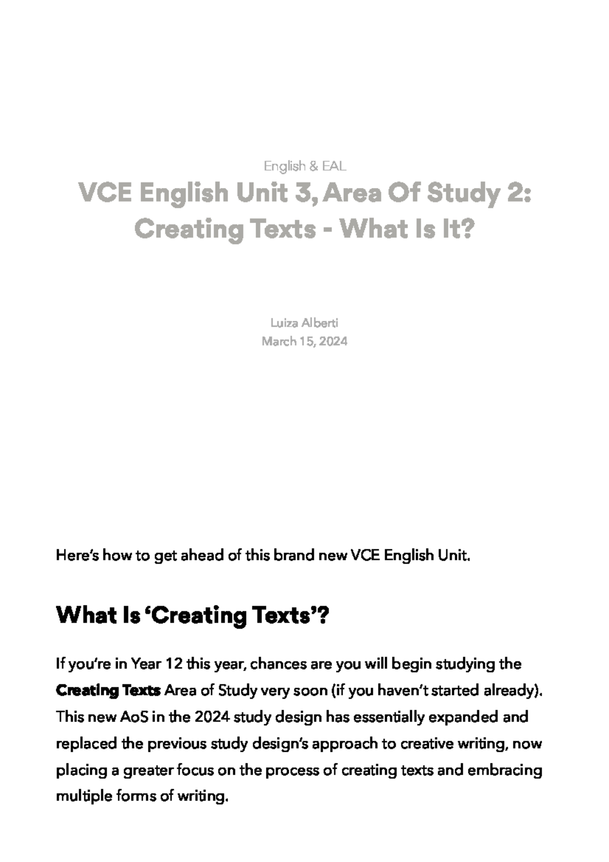 VCE English Unit 3, Area of Study 2 Creating Texts - What Is It Lisa's ...