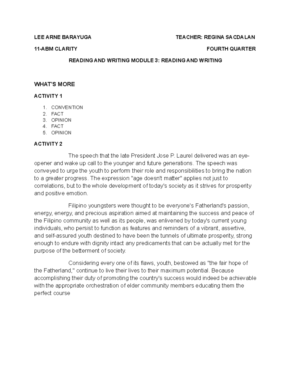 Reading AND Writing Skills Module 3 Reading AND Writing LEE ARNE