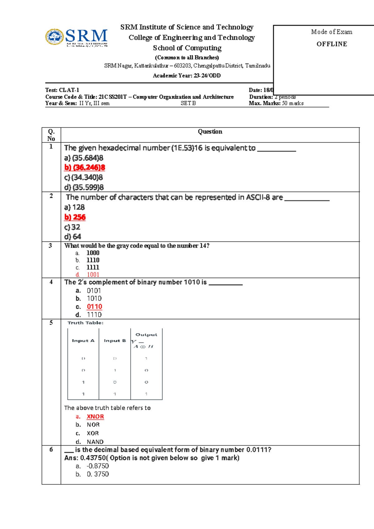 Coa ct1 set b anskey - CT paper solutions - SRM Institute of Science ...