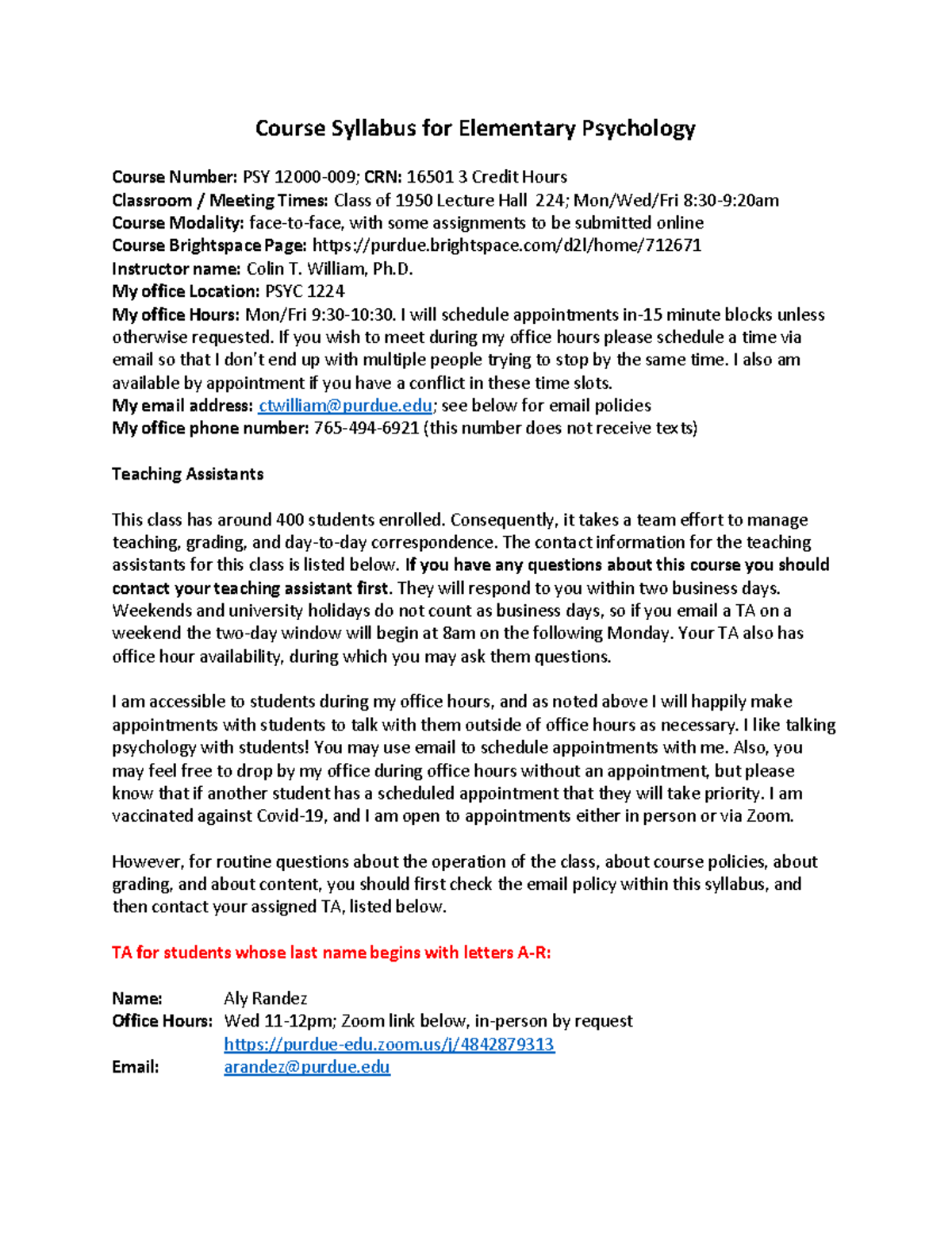 PSY120 Syllabus - Course Syllabus for Elementary Psychology Course ...