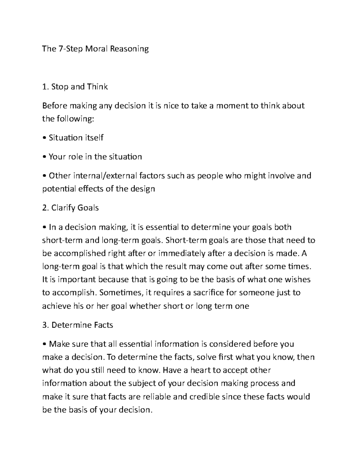 Ethics 5 - Notes - The 7-Step Moral Reasoning Stop and Think Before ...