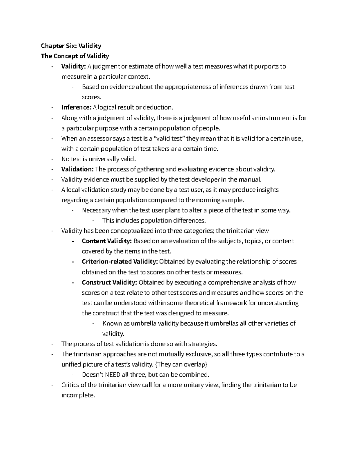 Chapter Six Notes - Chapter Six: Validity The Concept of Validity ...