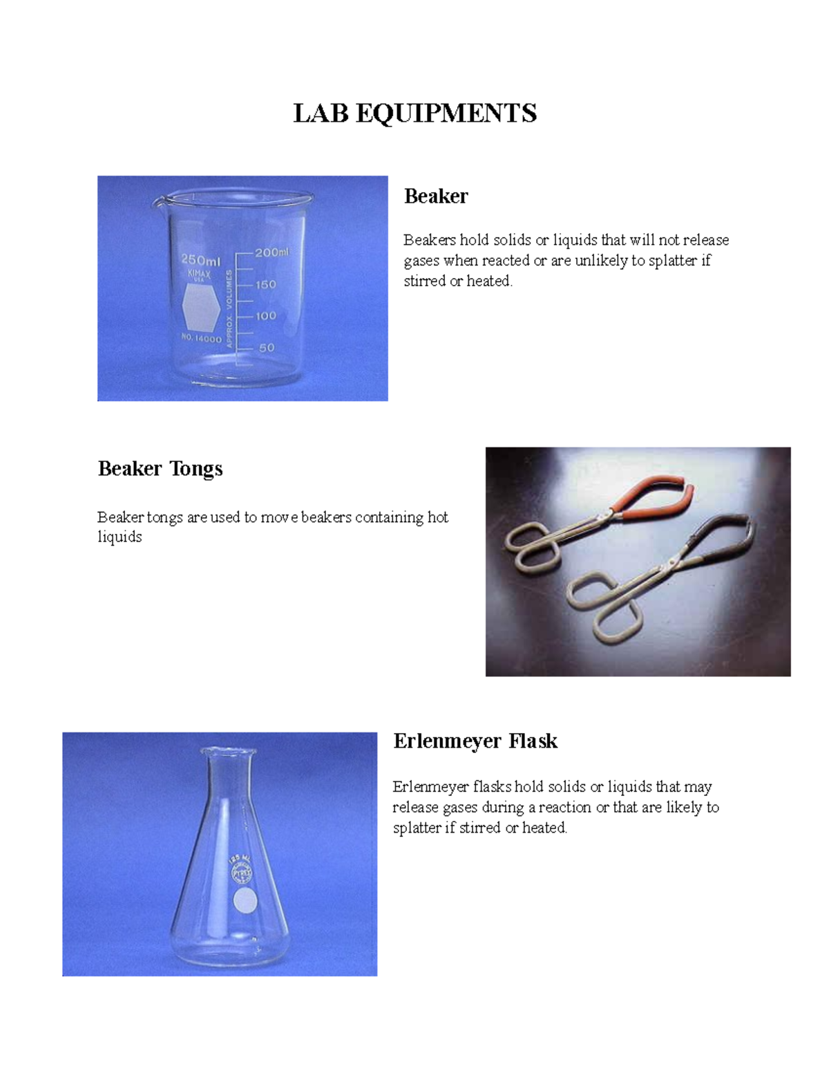 LABE Laboratory Equipments w/ description LAB EQUIPMENTS Beaker