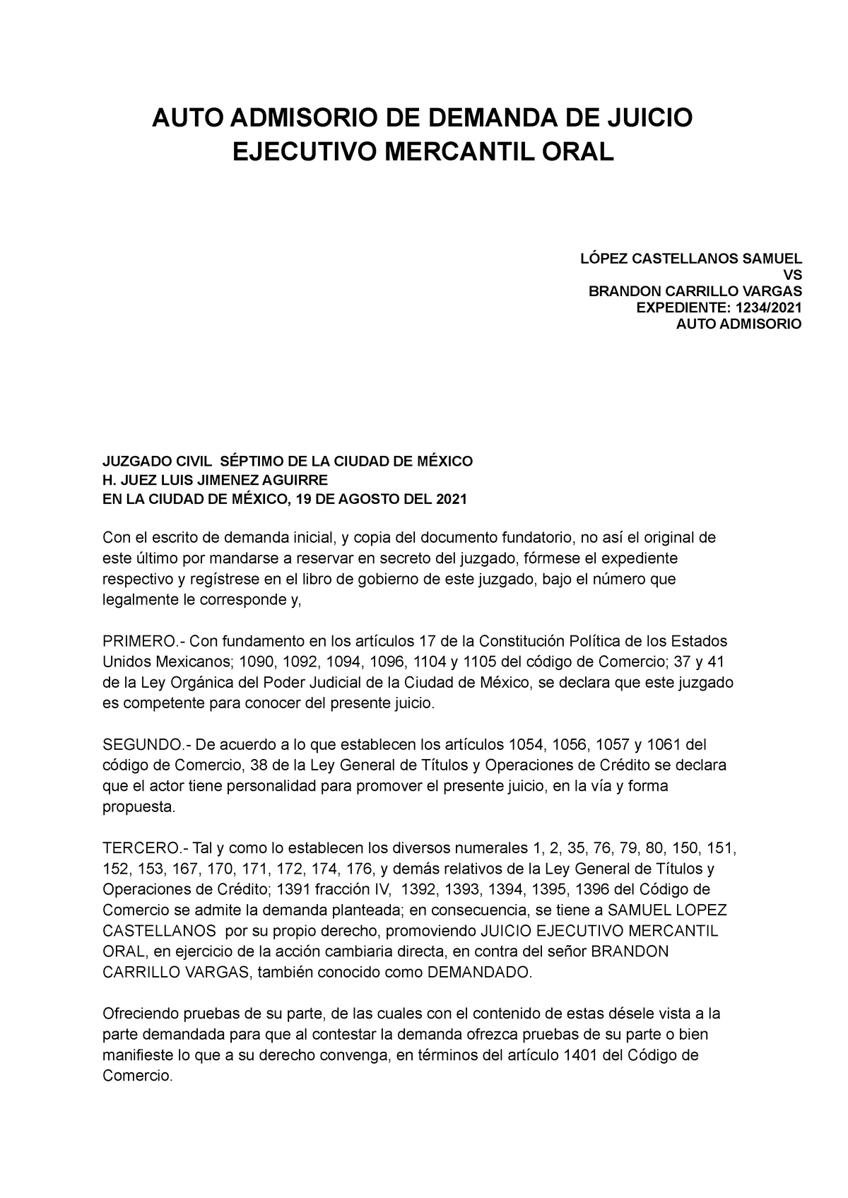 Auto admisorio Mercantil Audiencia Preliminar Ejecutivo mercantil oral -  AUTO ADMISORIO DE DEMANDA - Studocu