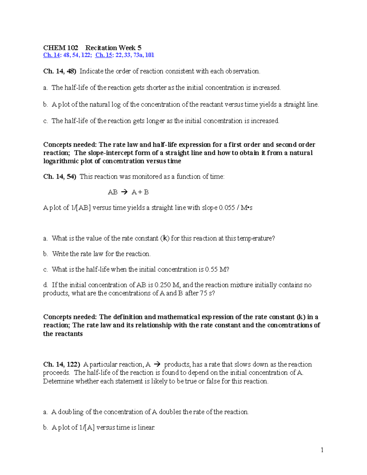 CHEM 102 Recitation Week 5 Wi23 - CHEM 102 Recitation Week 5 Ch. 14: 48 ...