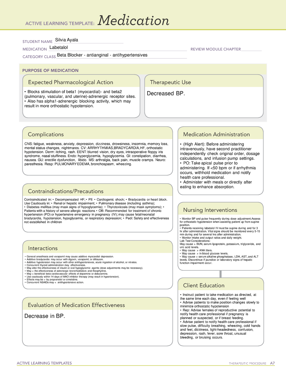 Labetalol Medication Template ACTIVE LEARNING TEMPLATES THERAPEUTIC