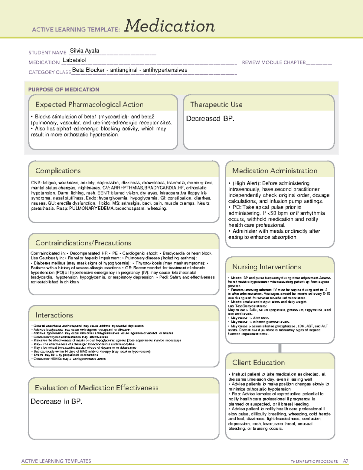 Labetalol Medication Template ACTIVE LEARNING TEMPLATES THERAPEUTIC