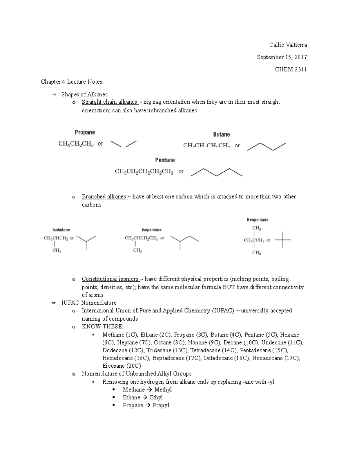 Chapter 4 Notes - Organic Chemistry - Callie Valtierra September 15 ...
