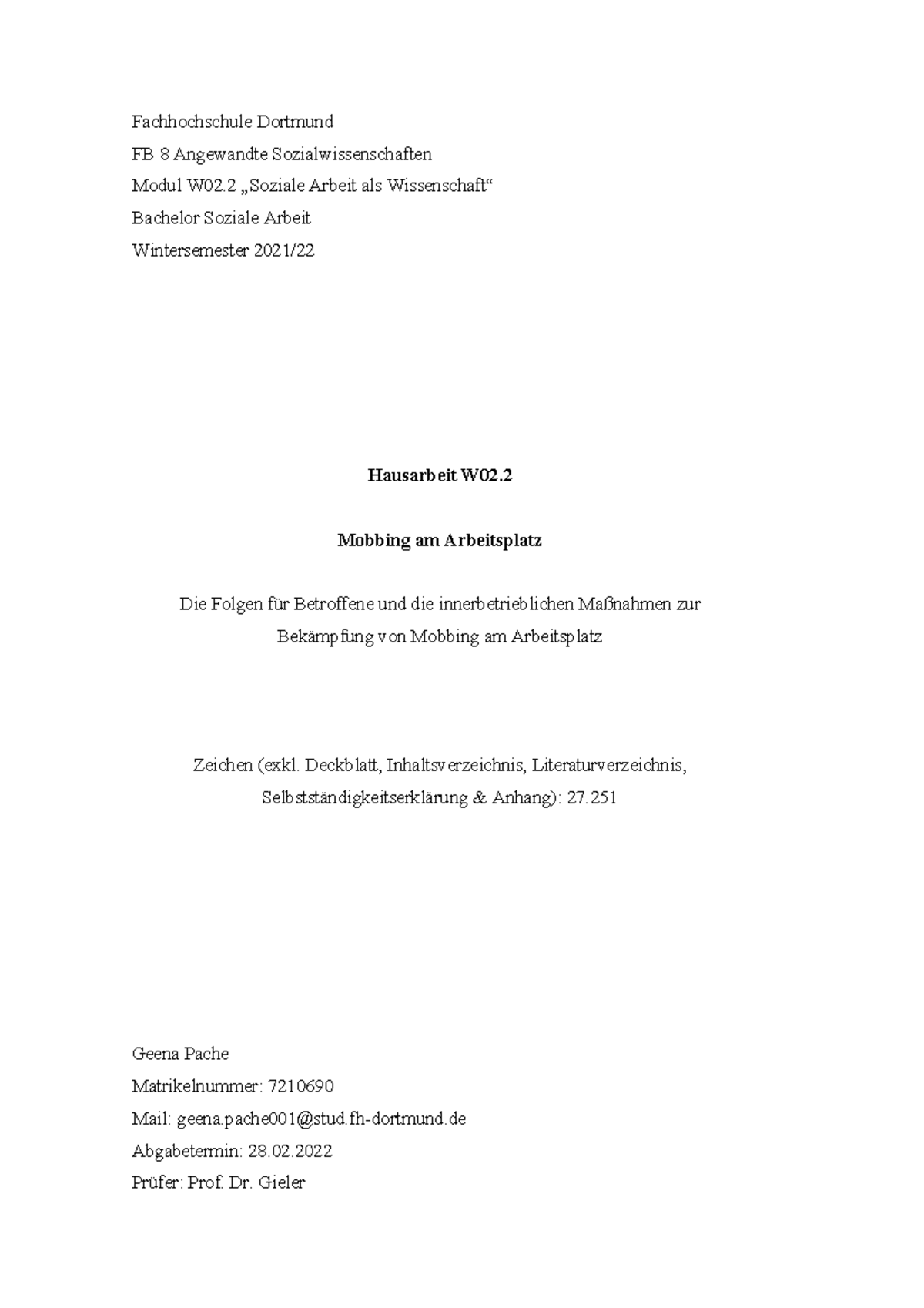 W02.2 Mobbing am Arbeitsplatz Fachhochschule Dortmund FB 8 Angewandte