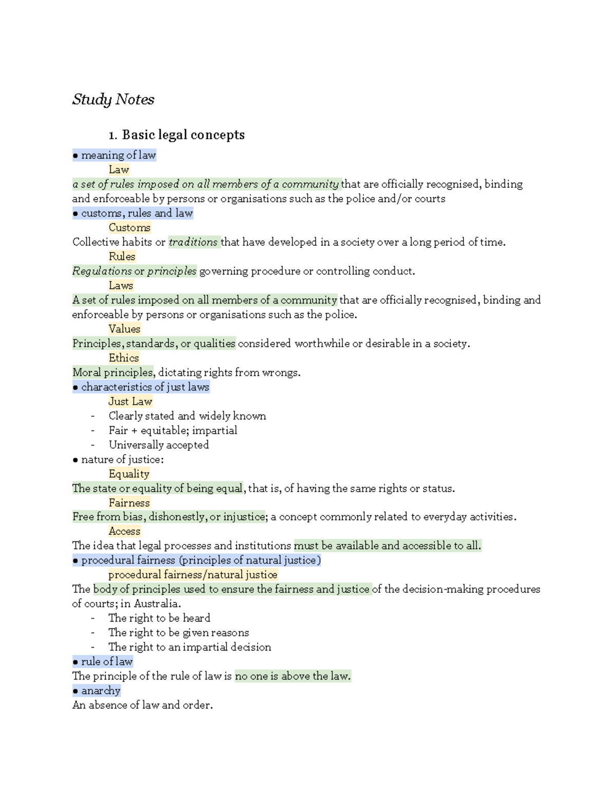 Basic Legal Concepts - Study Notes 1. Basic legal concepts meaning of ...