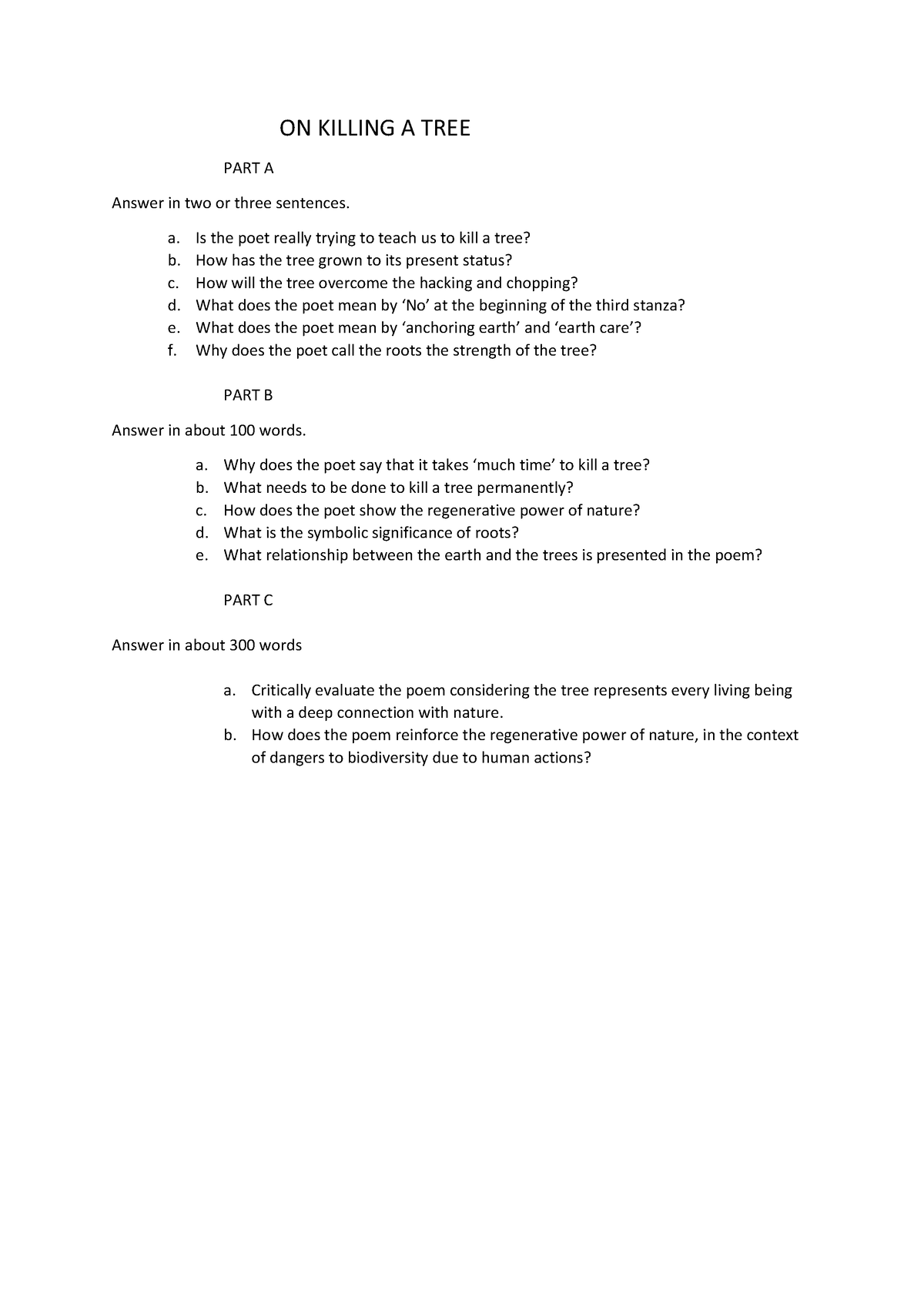 on-killing-a-tree-questions-on-killing-a-tree-part-a-answer-in-two