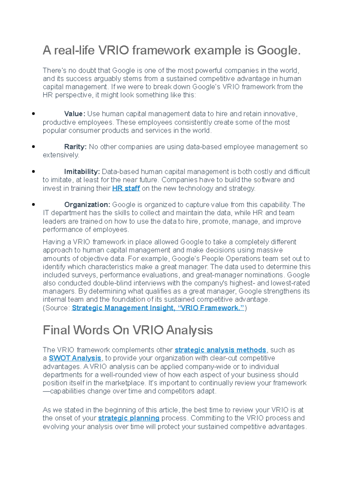 Example of VRIO analysis and impact on performance