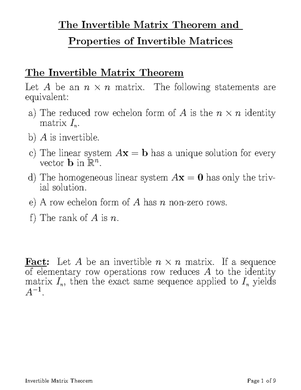 Invertible Matrix Theorem - Math125 - UAlberta - Studocu