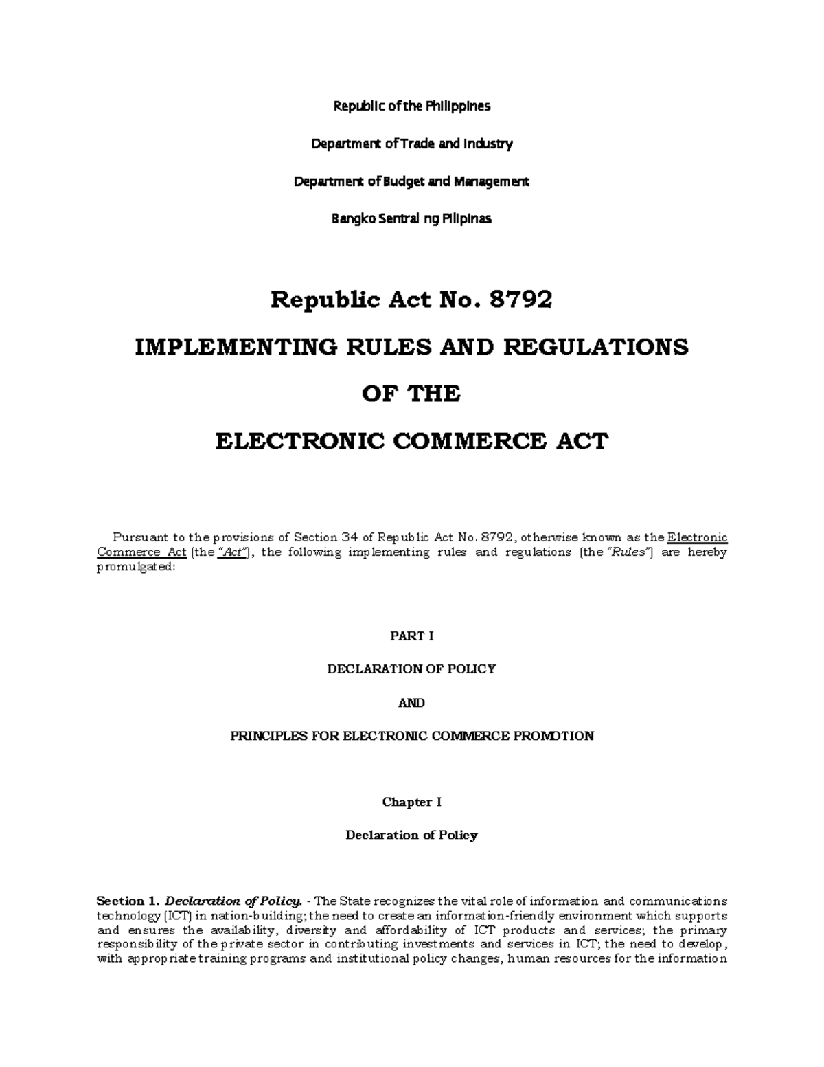 Electronic Commerce Act of 2000 IRR Republic of the Philippines