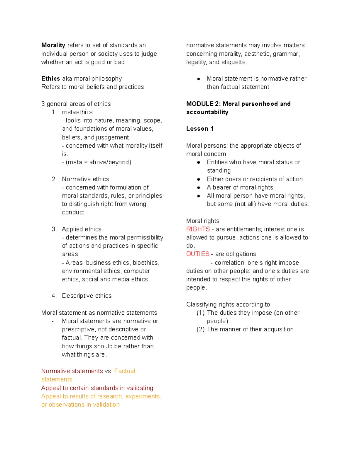 G Eethic Lecture - Notes - Morality refers to set of standards an ...
