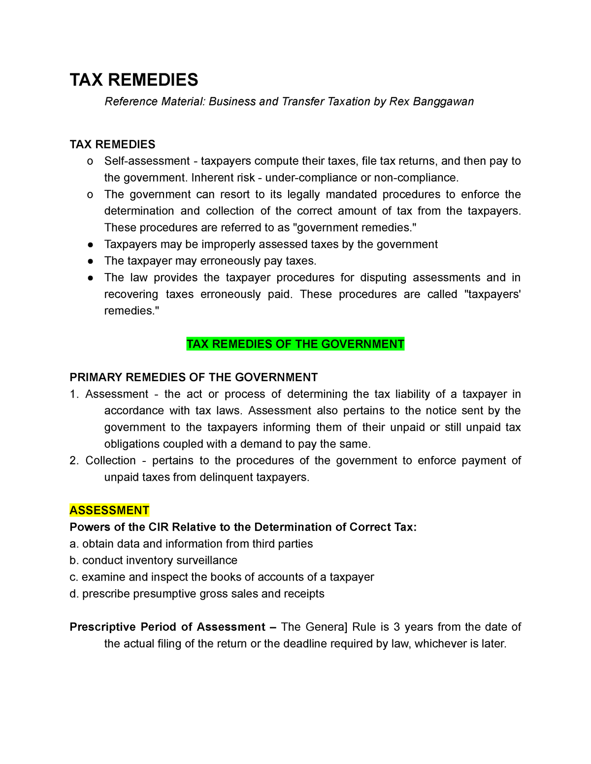 TAX Remedies - TAX REMEDIES Reference Material: Business And Transfer ...