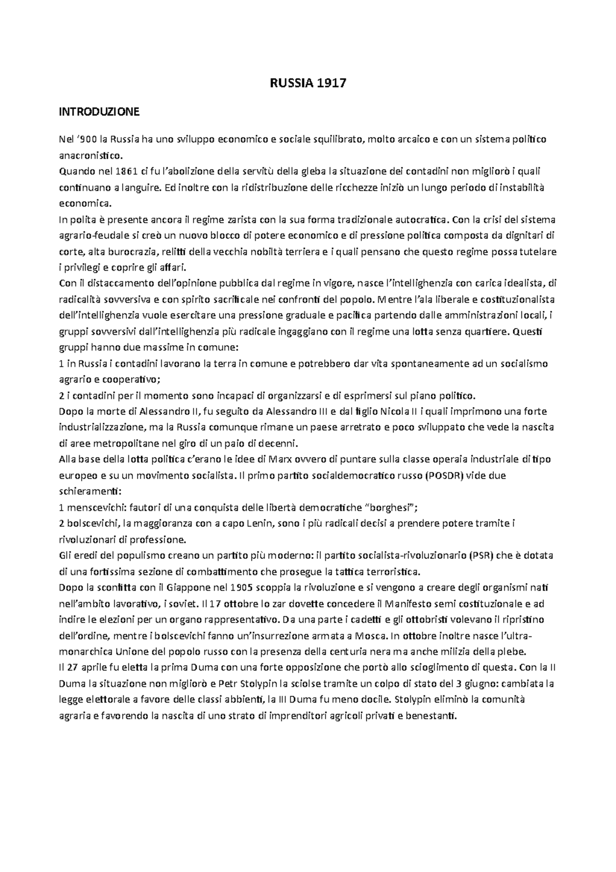 Russia nel diciannovesimo secolo RUSSIA 1917 INTRODUZIONE Nel ‘900 la