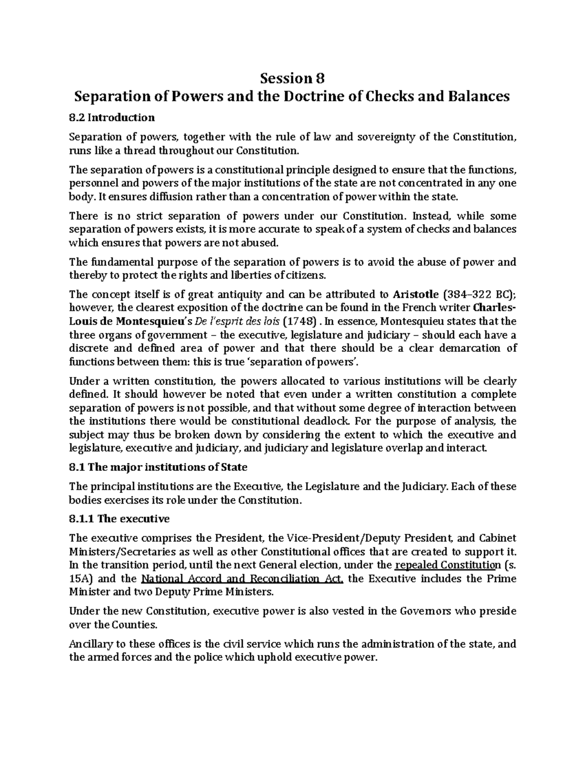Lecture 8 - Session 8 Separation of Powers and the Doctrine of Checks ...