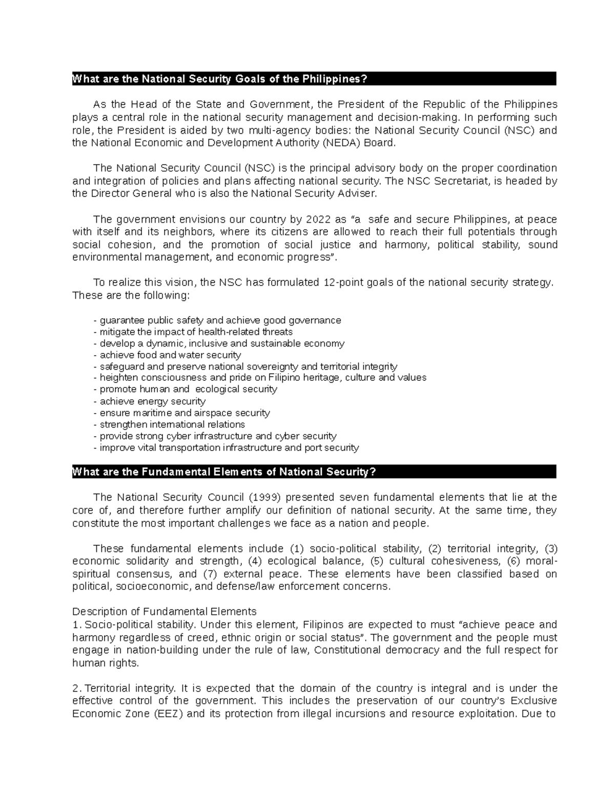 What are the National Security Goals of the Philippines In performing