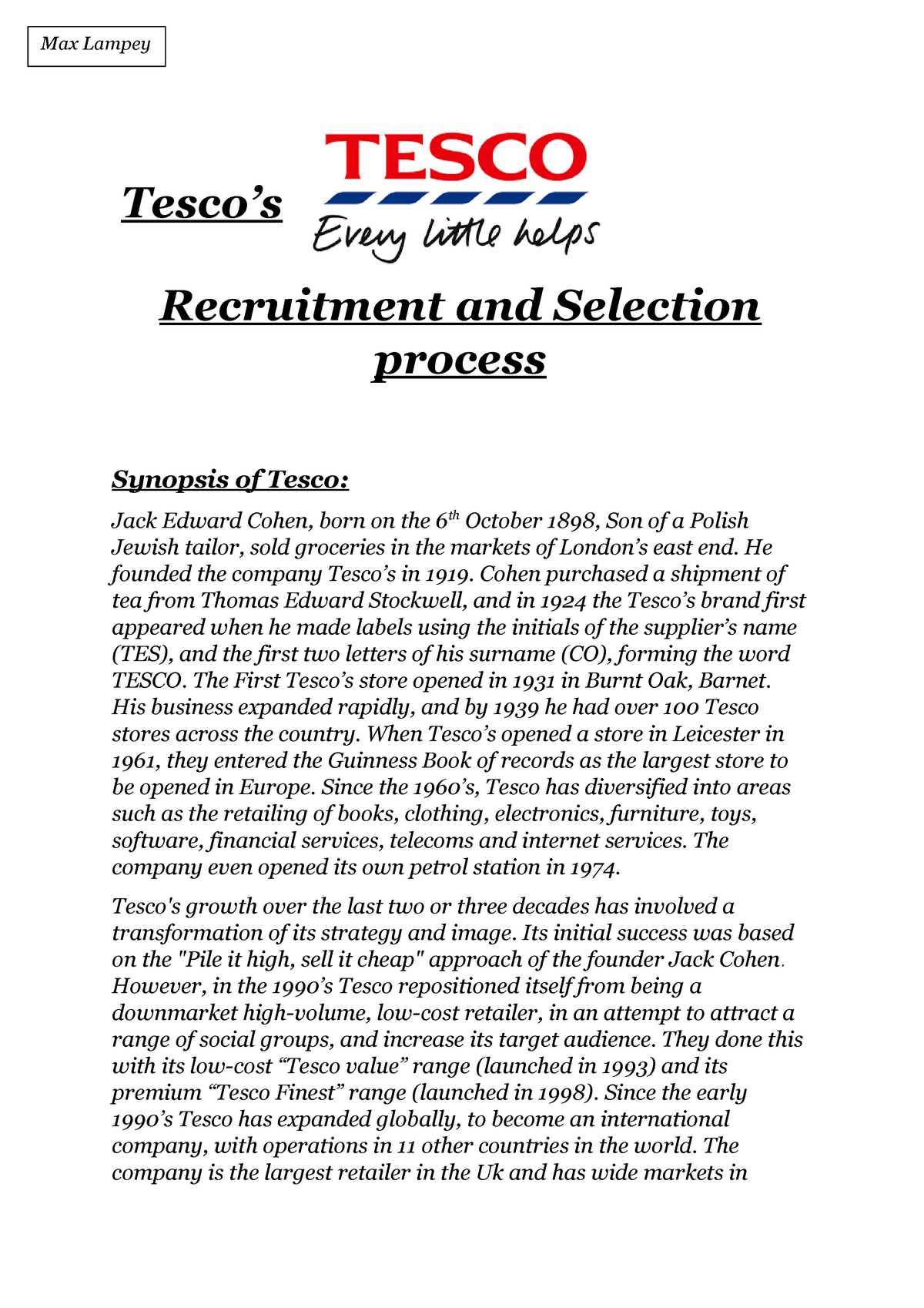 unit 8 recruitment and selection process assignment 2 tesco